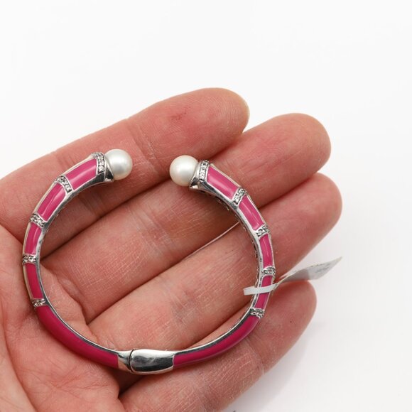Sterling Silver Bangle Cuff Bracelet Pink and White Enamel Quartz stones and Pea - Picture 4 of 10